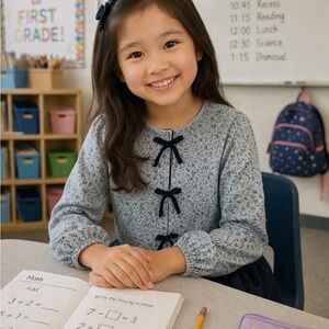Never Worn - Zara Light Blue Floral Blouse with Black Tie Bows